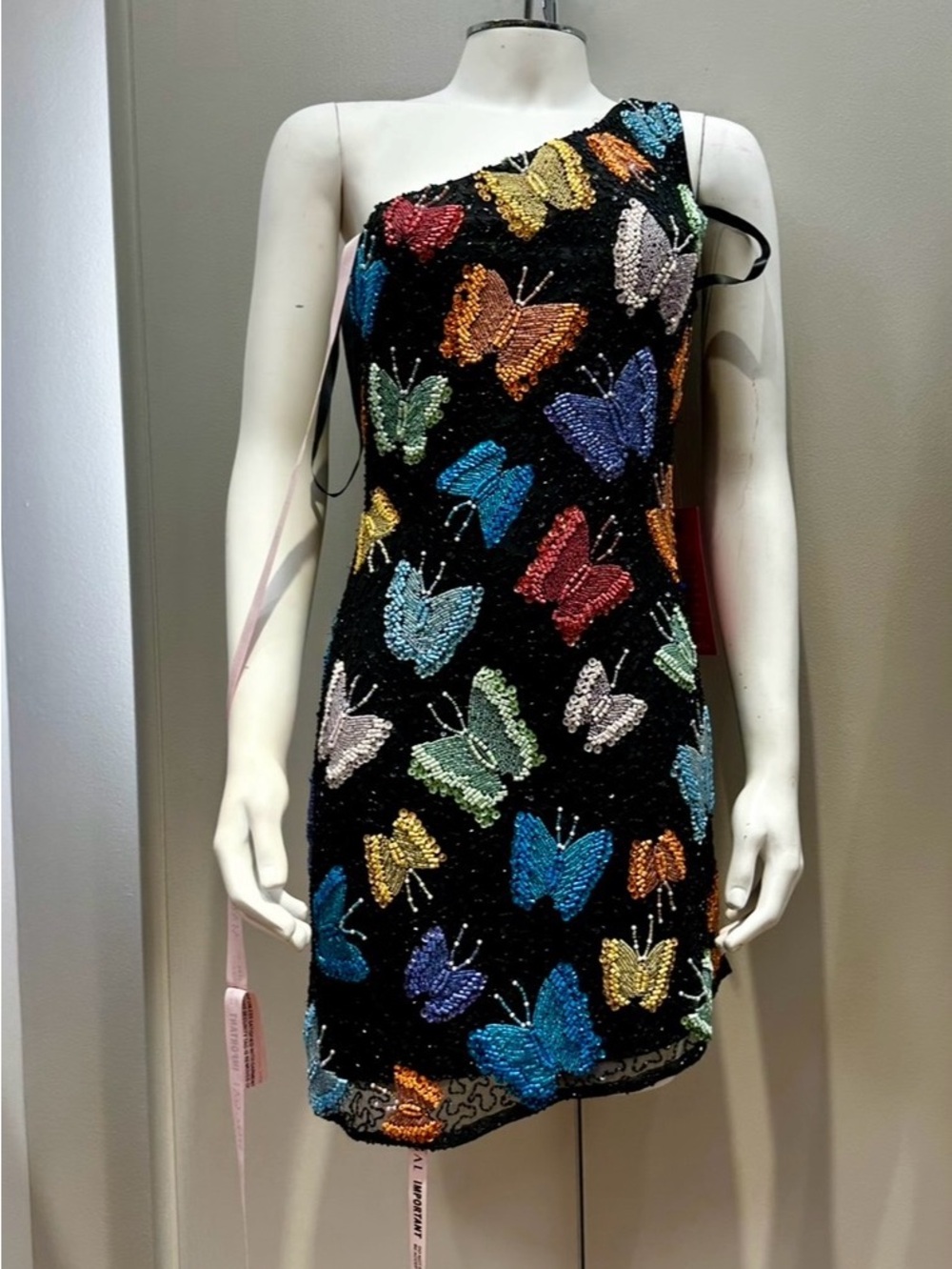 Mac Duggal One-Shoulder Black Mini Dress with Multicolor Beaded Butterflies